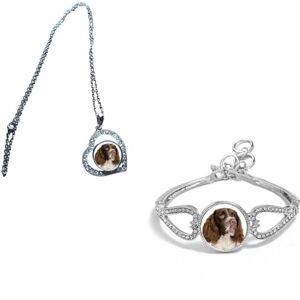 Set Of 2 Springer Spaniel Dog Pet Silver Colour Diamante Bracelet And Necklace With Gift Bag