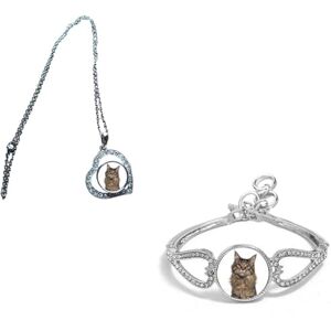 Set Of 2 Maine Coon Cat Pet Silver Colour Diamante Bracelet And Necklace With Gift Bag