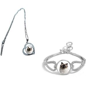 Set Of 2 Birman Cat Silver Colour Diamante Bracelet And Necklace With Gift Bag