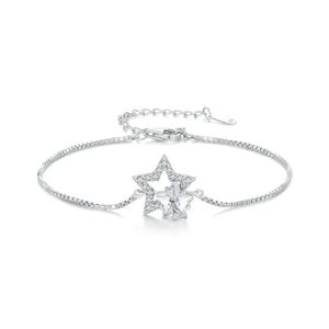 JRZEOCI Women'S Bracelet - Double Star Zircon Chain Bracelets For Women Bling Bling Shiny Cz Wrist Links Wedding Party Jewelry For Women Accessories,White,Adjustable