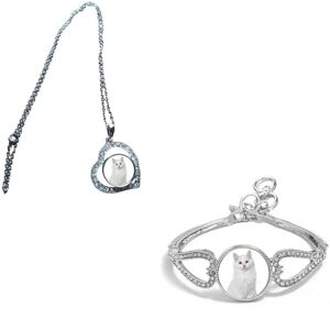 Set Of 2 Siberian White Cat Pet Silver Colour Diamante Bracelet And Necklace With Gift Bag