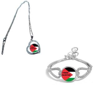 PJ4U Set Of 2 Free Palestine Gaza Freedom Silver Colour Diamante Bracelet And Necklace With Gift Bag