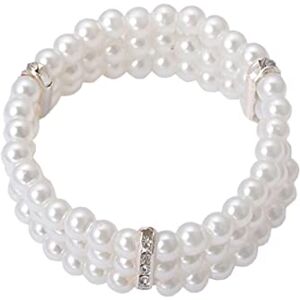 HugeDE Three Row Faux Pearl Bracelet Multilayer Pearl Elastic Bangle Crystal Stretch Bracelet Bridal Wedding Jewelry for Women Girls