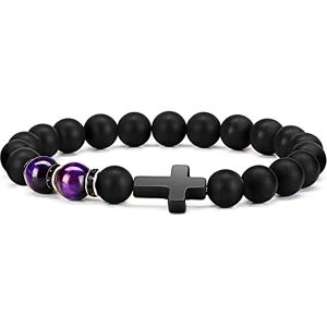 YJHQSS Bracelets For Womens, Boho Matte Black Onyx Natural Stone Chakra Bracelets Purple Tiger Eye Rhinestones Cross Charm Beaded Bracelets Elastic Energy Gemstone Bangles Jewelry For Women Men