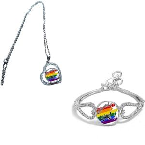 Set Of 2 All You Need Is Love Pride LGBTQ Silver Colour Diamante Bracelet And Necklace With Gift Bag