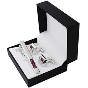 HSF Silver Metal Simple Imported Burgundy Czech Crystal Tie Clip Cufflinks Set 2 Piece Set Tie clips