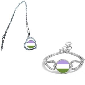 Set Of 2 Genderqueer Pride LGBTQ Silver Colour Diamante Bracelet And Necklace With Gift Bag