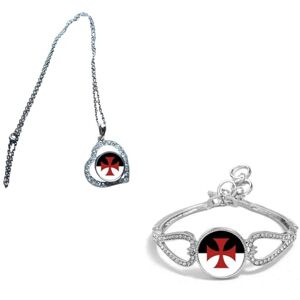 PJ4U Set Of 2 Crusades Knights Templar Silver Colour Diamante Bracelet And Necklace With Gift Bag