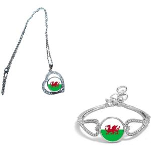 PJ4U Set Of 2 Wales Dragon Silver Colour Diamante Bracelet And Necklace With Gift Bag