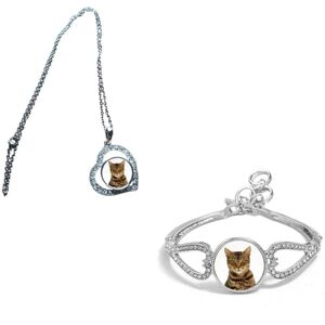 Set Of 2 Tabby Cat Pet Silver Colour Diamante Bracelet And Necklace With Gift Bag