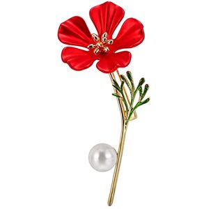 Shoukaii Wedding Brooch Pin 18k Gold Plated Flower Enamel Brooch, Blooming Plum Blossoms with Green Leaf and Faux Pin for Ladies Jewelry