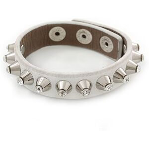 Avalaya Crystal Studded White Faux Leather Strap Bracelet (Silver Tone) - Adjustable up to 20cm