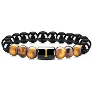 Wycian Men Bracelet Men, Mens Tiger Eye Bead Bracelet Crystal Black Letter I Fashion Beaded 16.7cmx8mm Nature Stones for Wedding