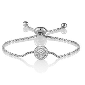 Anakao Jewellery Ltd Namana Celestial Disc Bracelet with Cubic Zirconia. 18ct Rose Gold or Silver Colour Diamante Disc Bracelet. Cube Chain Bracelet with Adjustable Bead Fastening. (Silver, Rhodium Plated Base Metal)