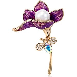 Shoukaii Wedding Brooch Pin Women's Flower Enamel Brooch Pins, Crystal Honey Bee on Peony Flower Brooch for Ladies Jewelry Gifts (Color : Purple, Size : 1.6" x 2.4)