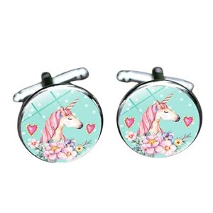 Cartoon Unicorn Cufflinks Horse Art Photo Glass Gem Cuff Links Buttons Women Kids Gift