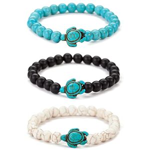 Liitata 3 Pcs Turtle Bracelets Nature Stone Beads Bracelets Turquoise Elastic Bracelet for Women and Men - Black White Green