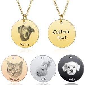 MeMeDIY Personalized Pet Portrait Necklace Customized Round Disc Photo Text Engraved Necklace Dog Cat Name Pet Sketch Necklace for Animal Lover Dog Mom/Dog Dad - D4 Black