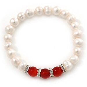 Avalaya 8mm White Freshwater Pearl with Semi-Precious Carnelian Stone Stretch Bracelet - 18cm L