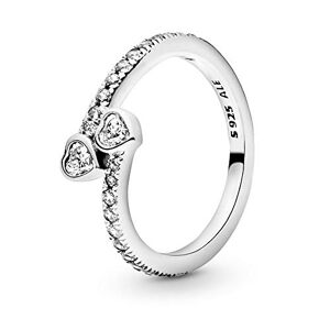Pandora Moments Women's Sterling Silver Two Sparkling Hearts Cubic Zirconia Ring, Size 56, No Box