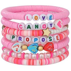 Gold Bracelet for Women Colorful Valentine's Day Beaded Letter Beads Elastic Set Decoration Premium Gift Chain Earrings (Pink, One Size)