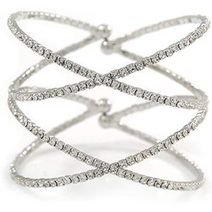 Avalaya Silver Tone Clear Crystal Double Cross Motif Flex Cuff Bracelet/Adjustable