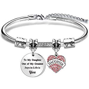 Yesptonry To My Daughter Bracelet Gift Pink Crystal Heart Daughter Gift from Mun Dad -One of My Greatest Joys In Life Is You- Bracelet for Daughter