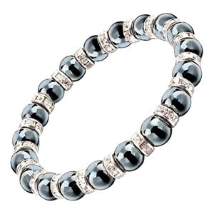 Helena Rose Jewellery Natural Hematite Stretch Beaded Bracelet - Semi Precious Gemstones - 8mm Black Beads & Clear Crystal Diamante - Unisex - with Jewellery Gift Box (White Silver)