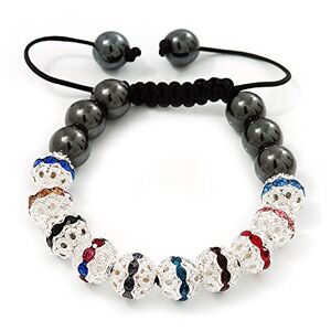 Avalaya Hematite & Multicoloured Diamante Beaded Buddhist Bracelet - Adjustable - 10mm Diameter