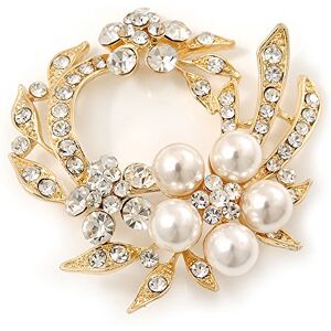 Avalaya White Simulated Glass Pearl/Clear Crystal Wreath Brooch In Gold Plating - 5cm Diameter