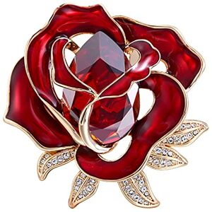 Shoukaii Wedding Brooch Pin 18k Gold Plated Crystal Rose Flower Enamel Brooch, Women's Flower and Leaf Pin for Ladies Jewelry, Gold Tone (Color : Red, Size : 2.3" x 2.3)