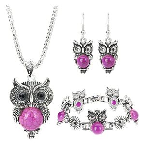 Generic 3pcs/set Western Vintage Calaite Jewelry Set National Night Owl Jewelry Set For Women Owl Jewelry Set Retro Style Owl Turquoise Accessories (Bracelet Necklace Earrings) Disc (Purple, One Size)