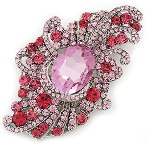 Avalaya Large Victorian Style Pink/Fuchsia Crystal Brooch In Silver Plating - 10cm Length