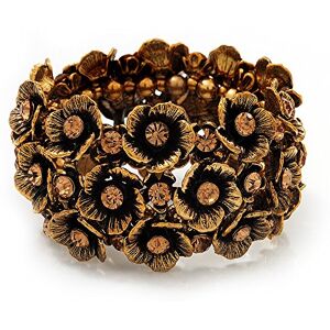 Avalaya Vintage Inspired Wide Flower Diamante Flex Bracelet in Aged Gold Tone - Up to 19cm length