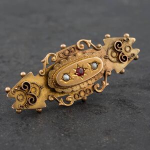 Pre-Owned Antique 9ct Yellow Gold Seed Pearl &amp; Red Glass (Paste) Mourning Bar Brooch 4113053