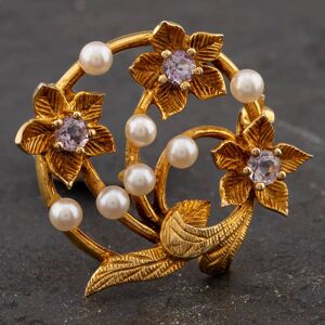 Pre-Owned Vintage 9ct Yellow Gold Amethyst &amp; Cultured Pearl Flower Brooch 41131022