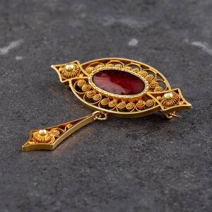 Pre-Owned Vintage Yellow Gold Red Enamel Oval Filigree Brooch 41131040
