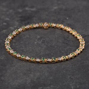 Pre-Owned 9ct Two Colour Gold Emerald &amp; Single Cut Diamond 7.25 Inch Tennis Bracelet 41281156