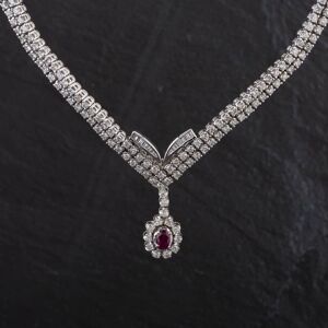 Pre-Owned 14ct White Gold 0.60ct Ruby &amp; 5.33ct Brilliant Cut Diamond Two Row 17 Inch Necklace 4314050