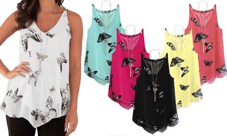 Groupon Goods Global GmbH Women's Chiffon Butterfly-Print Top with Necklace