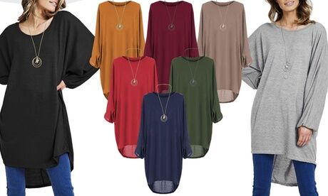 Groupon Goods Global GmbH Oversized Hi-Lo Long Jumper with Necklace