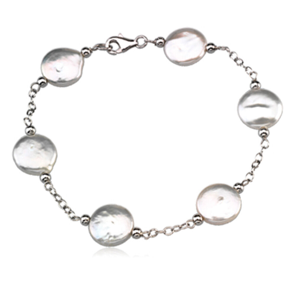 The Black Bow White FW Cultured White Coin Pearl & Sterling Silver 7.5 Inch Bracelet