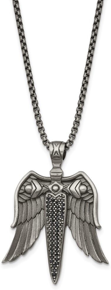 The Black Bow Stainless Steel Antique White Bronze-Plated & CZ Sword Necklace, 24 In