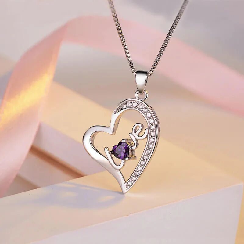 Mounteen Heart With Word Love Necklace With Zirconia Stones 925 Sterling Silver