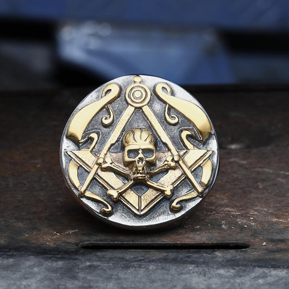 Gthic Freemason Crossbones Stainless Steel Masonic Skull Ring, Silver/Gold / 9