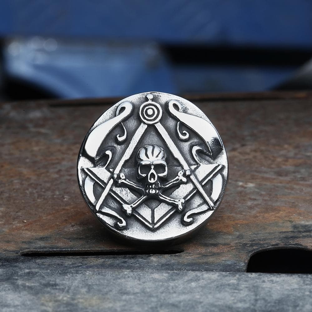 Gthic Freemason Crossbones Stainless Steel Masonic Skull Ring, Silver / 10