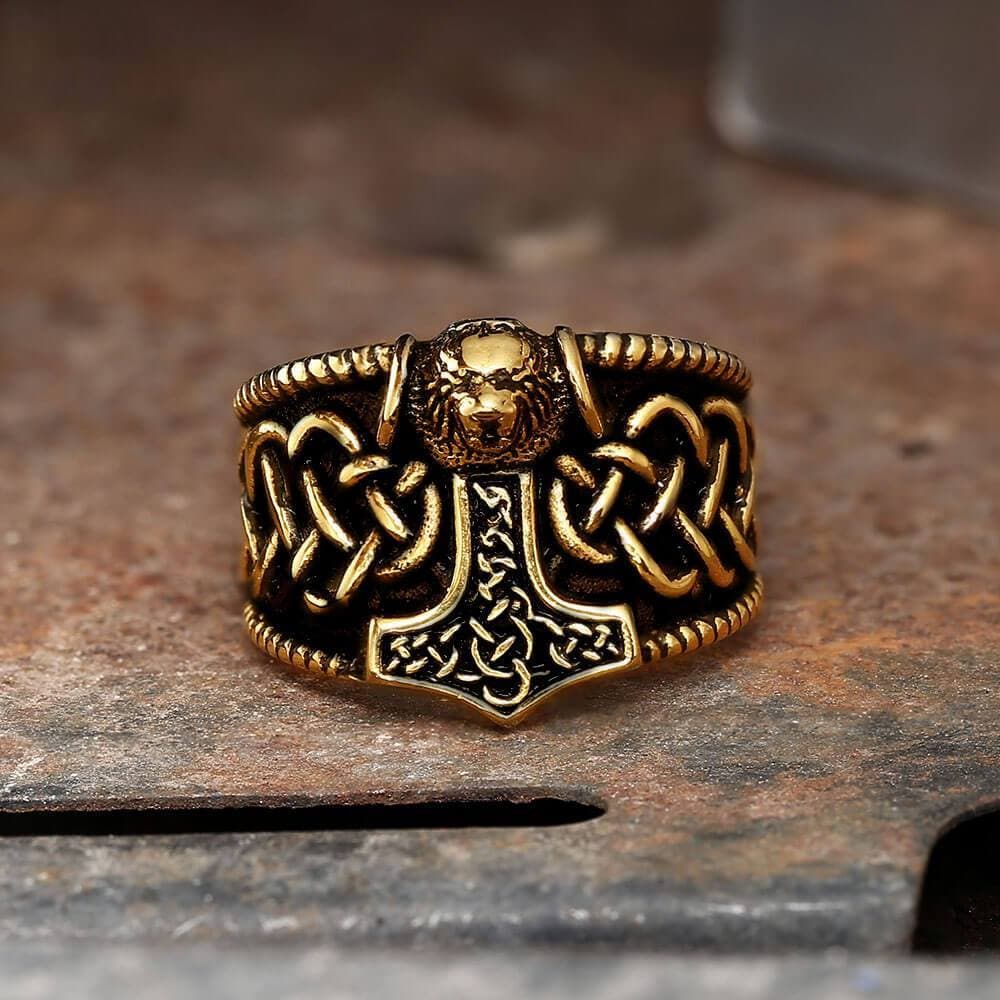 Gthic Thor's Hammer Stainless Steel Viking Ring, Gold / 11