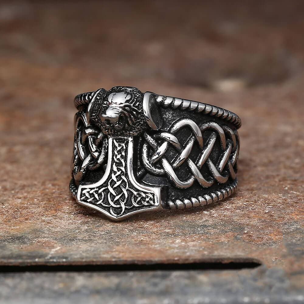 Gthic Thor's Hammer Stainless Steel Viking Ring, Silver / 7