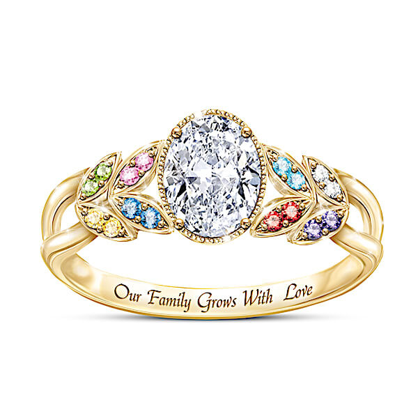 The Bradford Exchange Our Family Grows With Love Women's Personalized 18K Gold-Plated Birthstone Ring Featuring A Radiant-Cut Simulated Diamond - Pers
