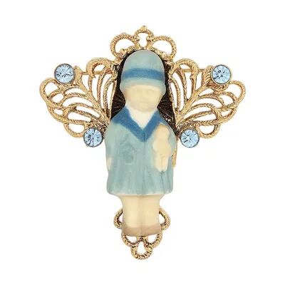 1928 14k Gold Dipped Porcelain Doll Pin, Women's, Blue
